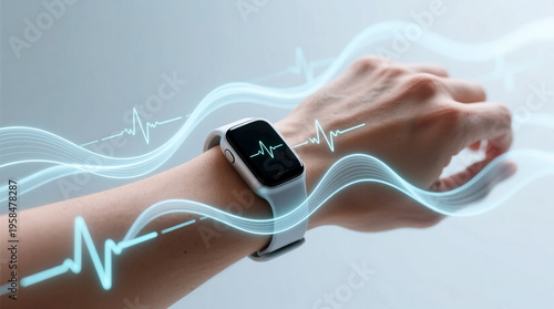 Close-up of human wrist with advanced wearable health tech displaying dynamic real-time biometric data flow for health monitoring and tracking via apps
