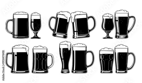 Beer stein cheers silhouette vector set Oktoberfest pub celebration icons isolated on white
