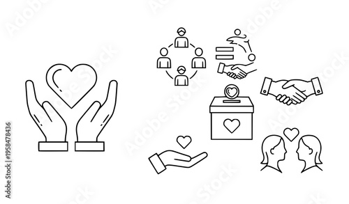 Charity donation volunteer outline icons editable stroke helping hands support vector isolated on white