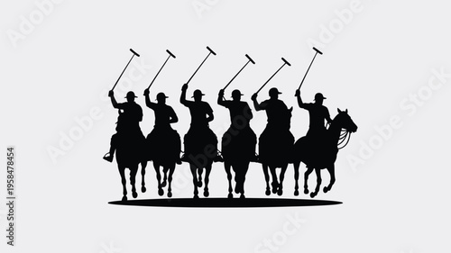 Silhouettes of polo players on horseback raising mallets in action during a competitive match dynamic motion and teamwork minimalist black and white design