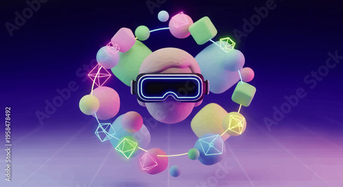 Claymorphism, Low-Poly Isometri artwork Immersive VR headset surrounded by floating abstract forms, representing futuristic metaverse digital connectivity