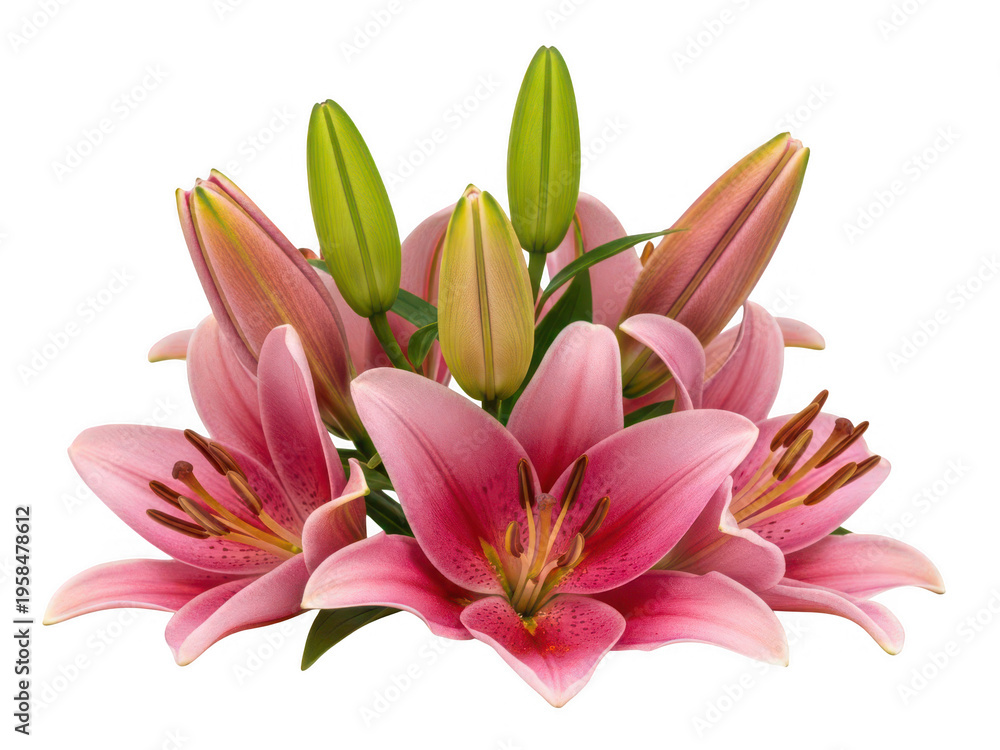 Fototapeta premium Delicate pink lilies in full bloom isolated on transparent background