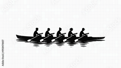 Silhouette of five people rowing together in a synchronized team effort on calm water in a minimalist style