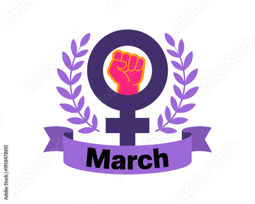 A feminist symbol with a raised fist and laurel leaves on a purple banner for Women's March