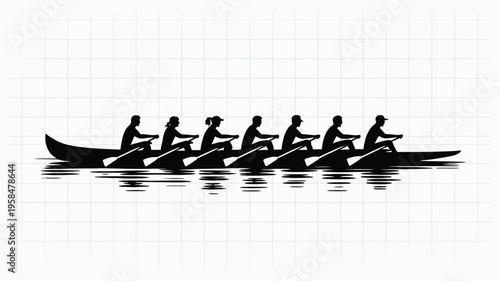 Silhouette of six people rowing a traditional boat on calm water minimalist design reflection on surface teamwork unity