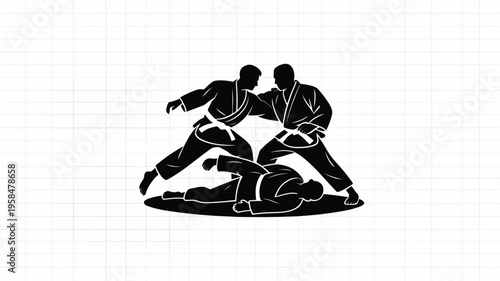 Dynamic silhouette of two martial artists in intense combat black and white vector design emphasizing movement and action