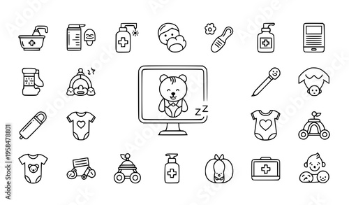 Baby care vector icons editable stroke outline newborn essentials isolated on white