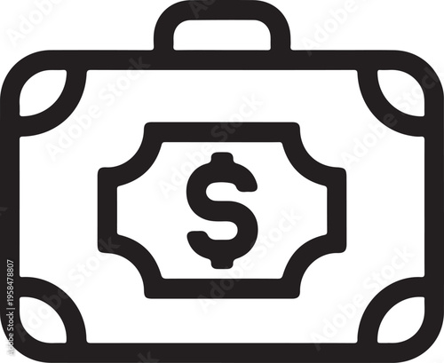 A simple black and white line drawing depicts a suitcase with a prominent dollar sign