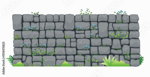 A stone wall with flowers and grass growing on a white background.