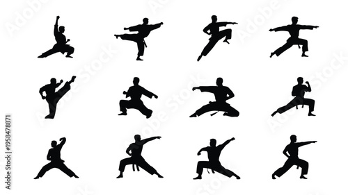 Dynamic silhouettes of martial artists performing powerful kicks punches and stances in a minimalist vector style showcasing fluid motion and precision on a clean white background