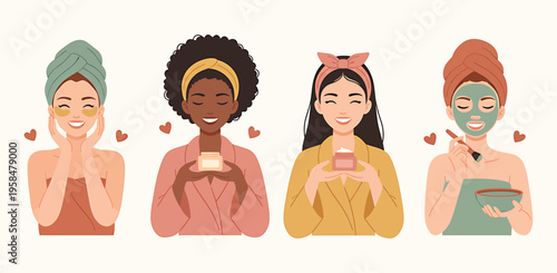 Women moisturizing skin set. Set of women applying cleansing. Moisturizing face skincare products at home modern flat vector illustration isolated on white