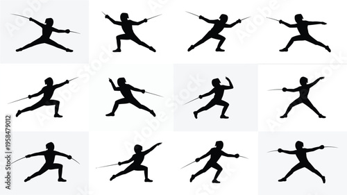 Silhouettes of a person in motion captured in a sequence of dynamic poses running and leaping against a minimalist white background showcasing movement and progression in a modern