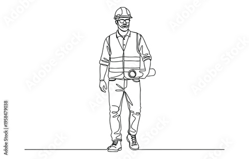 Continuous line drawing of foreman constructor engineer technician mechanic wearing safety helmet and holding blueprint paper design.