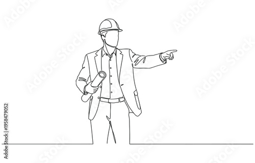Continuous line drawing of foreman constructor engineer technician mechanic wearing safety helmet and holding blueprint paper design.