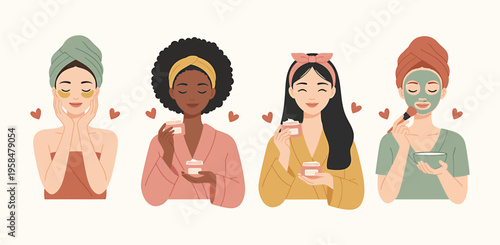 Women moisturizing skin set. Set of women applying cleansing. Moisturizing face skincare products at home modern flat vector illustration isolated on white