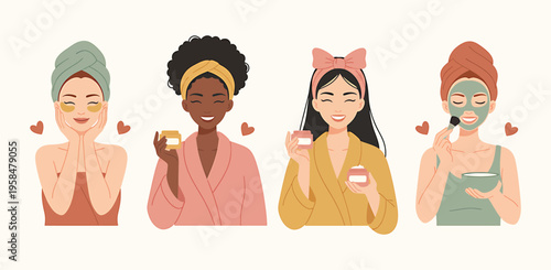 Women moisturizing skin set. Set of women applying cleansing. Moisturizing face skincare products at home modern flat vector illustration isolated on white