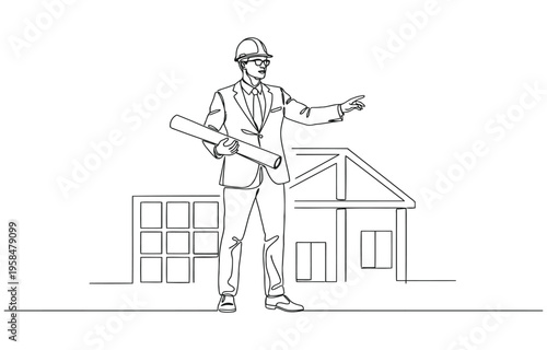Continuous line drawing of foreman constructor engineer technician mechanic wearing safety helmet and holding blueprint paper design.