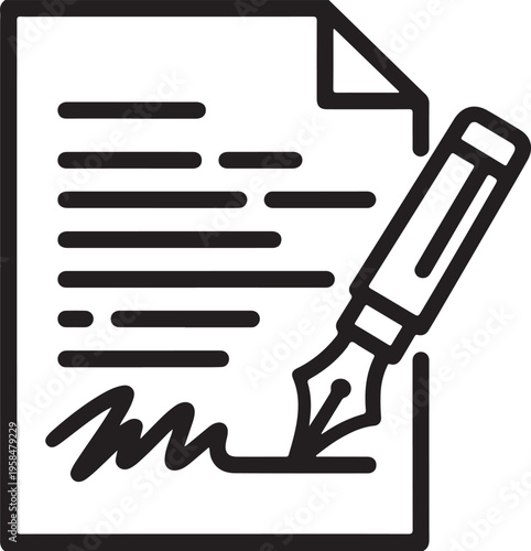 A stylized line drawing depicts a document with text and a pen poised to sign it