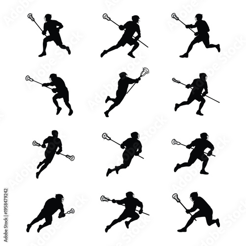 Silhouettes of lacrosse athletes in dynamic action poses running jumping and holding sticks against a clean white background