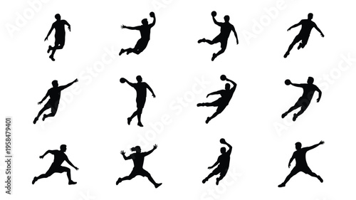 Silhouettes of athletes performing dynamic basketball actions including dunking passing and dribbling showcasing movement and energy in a minimalist black and white design