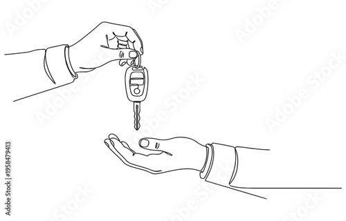 Continuous line drawing of hand giving keys to the car or apartment.