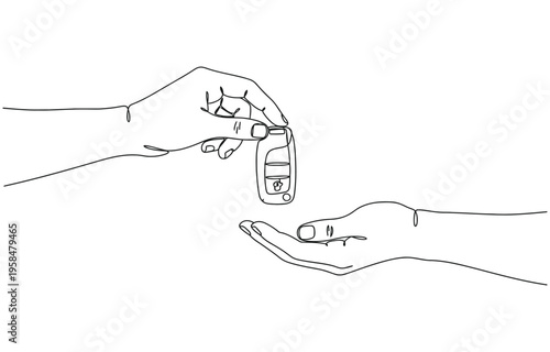 Continuous line drawing of hand giving keys to the car or apartment.
