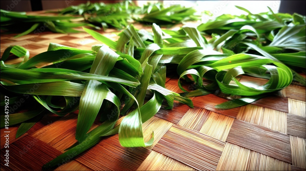 Obraz premium Fresh Green Pandan Leaves Spread Across a Woven Wooden Surface Ready for Culinary Use