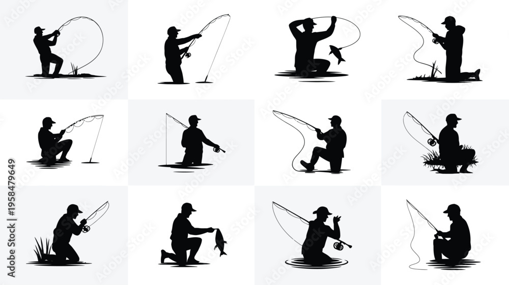 Fototapeta premium Silhouetted fishermen in various poses casting fishing rods kneeling standing and reeling in catches against a minimalist background emphasizing leisure and outdoor activity