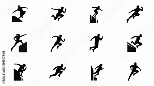 Dynamic silhouettes of athletes performing parkour jumps rolls and flips in mid air against a clean minimalist background