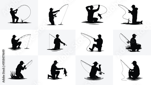 Silhouetted fishermen in various poses casting fishing rods kneeling standing and reeling in catches against a minimalist background emphasizing leisure and outdoor activity
