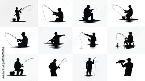 Silhouettes of men engaging in fishing activities using rods seated and standing in varied poses on minimalist backgrounds