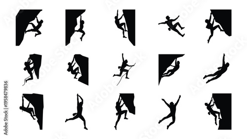 Silhouettes of climbers scaling steep cliffs in dynamic poses showcasing strength agility and adventure in a minimalist black and white style
