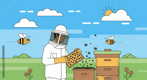 Beekeeper in protective suit tending to beehive with bees flying around.