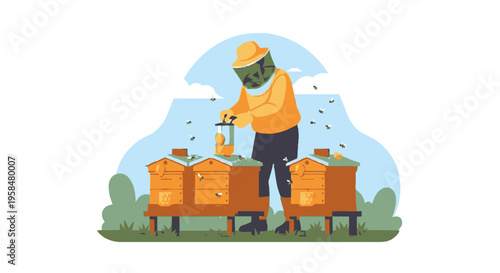 Beekeeper in protective suit tending to beehives with jars.