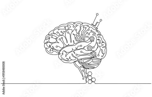 Continuous line drawing of head artificial intelligence technology robot brain vector illustration.