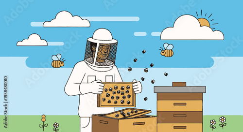 Beekeeper in protective suit tending to beehive frame.