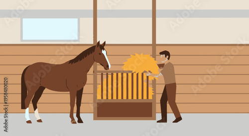 Brown horse in stable with man feeding hay.
