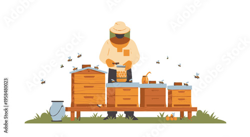 Beekeeper in protective suit tending to beehives.