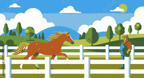 Brown Horse Running in Paddock with Farmer.