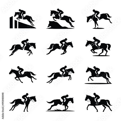 Dynamic silhouettes of horseback riders in motion jumping over obstacles racing and galloping in a minimalist monochromatic style ideal for equestrian designs