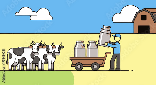 Dairy farmer collecting milk from cows with cart.