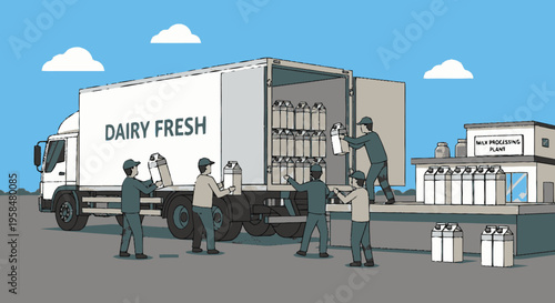 Dairy Delivery Truck Unloading Milk Bottles to Store.