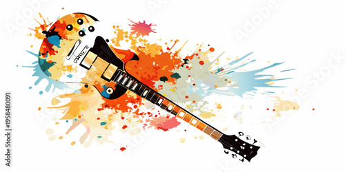 Colorful electric guitar with a vibrant splash paint effect illustration