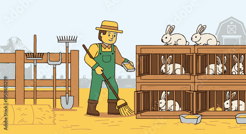 Farmer cleaning rabbit cages on a sunny day.