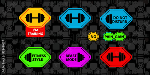 Colorful hexagonal signs with fitness themes and motivational phrases