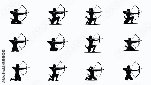 Multiple black silhouettes of archers in dynamic poses aiming and shooting arrows with bows in minimalist style