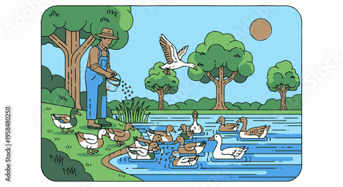 Farmer feeding ducks and geese by the pond.