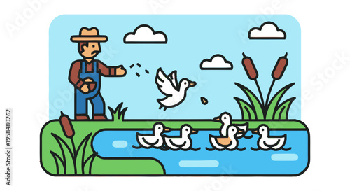Farmer feeding ducks in a pond illustration.