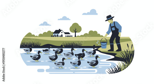 Farmer feeding ducks in a pond on a farm.
