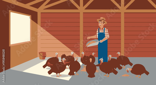 Farmer feeding flock of turkeys inside barn.